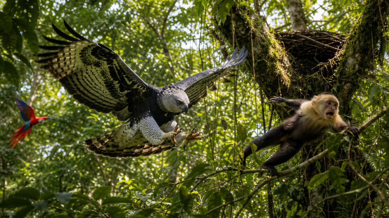 Gavião voando com garras estendidas perseguindo um macaco assustado em floresta densa.