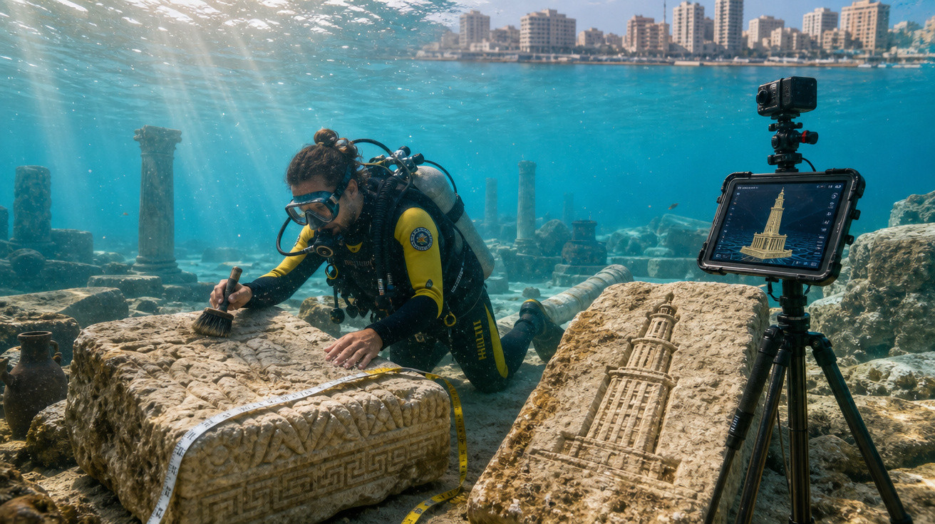 Mergulhador escavando ruínas submersas com equipamentos e uma câmera registrando ao fundo vista da cidade.