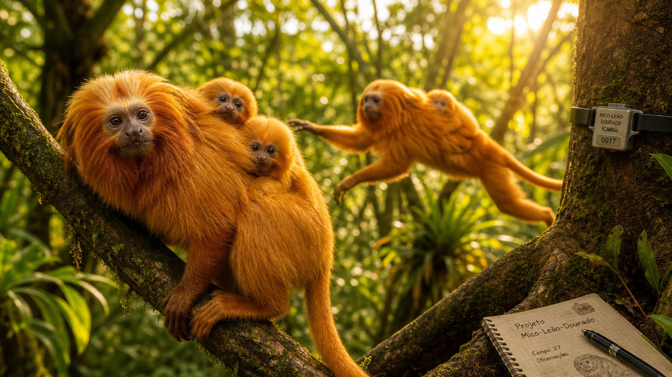 Macaco-leão-dourado adulto com filhotes abraçados em árvore na floresta, com outro pulando ao fundo.
