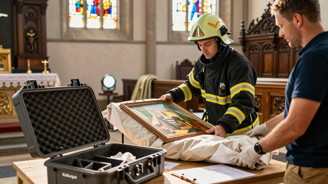 Bombeiro e especialista manuseiam pintura em igreja, com caixa de proteção e documentos à mesa.