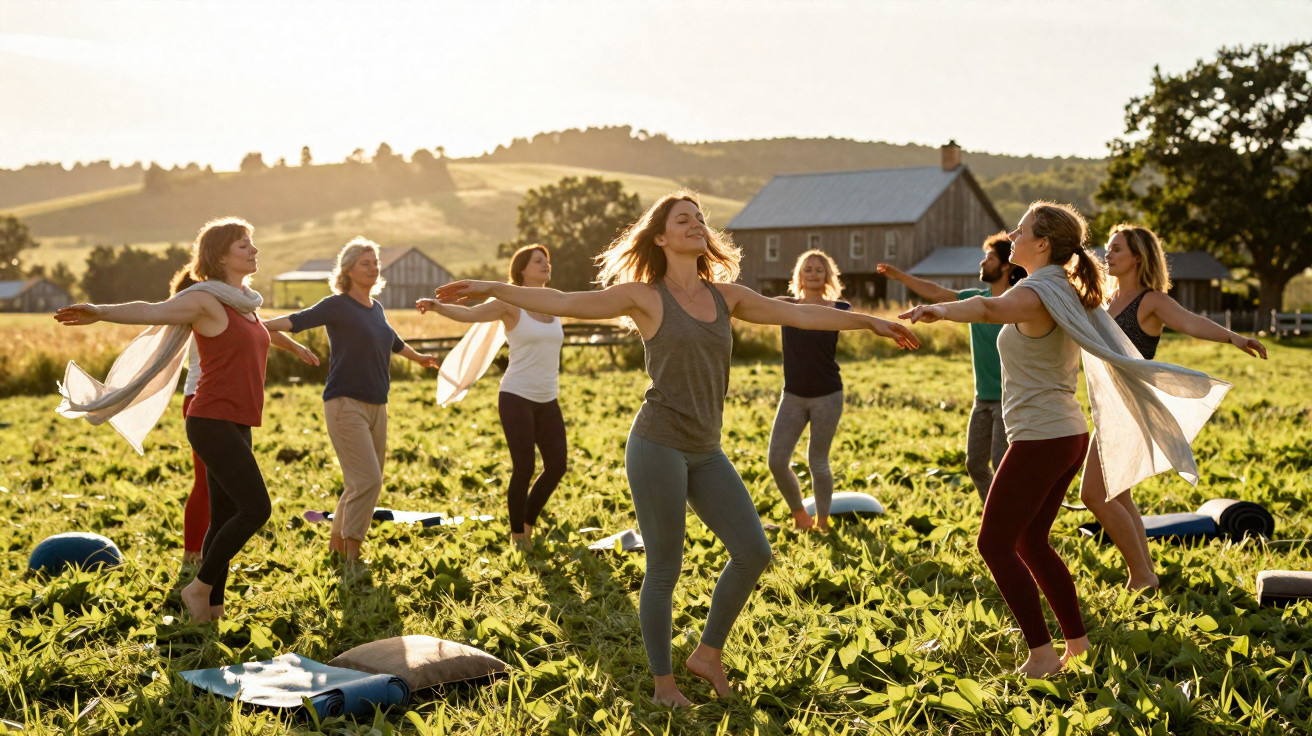 Grupo de pessoas praticando atividade física ao ar livre em campo verde ao pôr do sol.