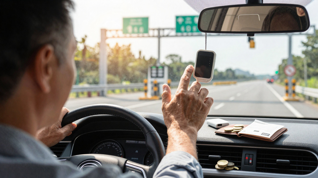 Motorista ajustando dispositivo eletrônico pendurado no espelho retrovisor durante condução em estrada.