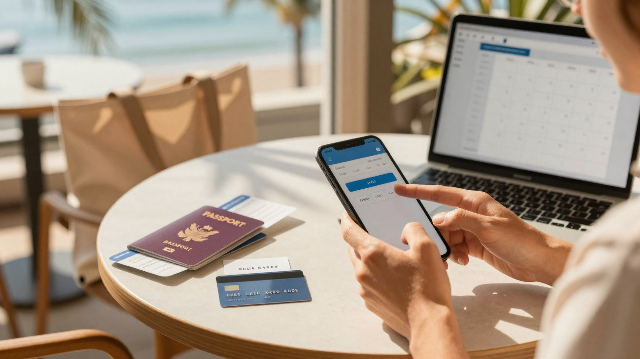 Pessoa usando celular com passaportes, cartão de crédito e laptop ao fundo em mesa redonda perto da janela.
