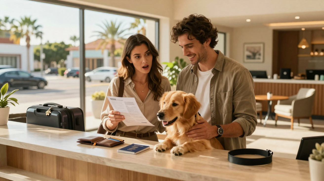 Casal com cachorro fazendo check-in na recepção de hotel durante o dia, com documentos e mala.