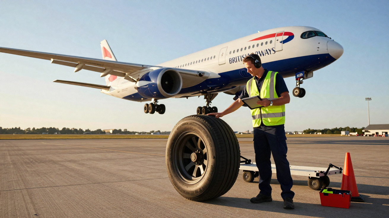 Técnico de manutenção inspeciona pneu de avião British Airways no aeroporto durante pouso.