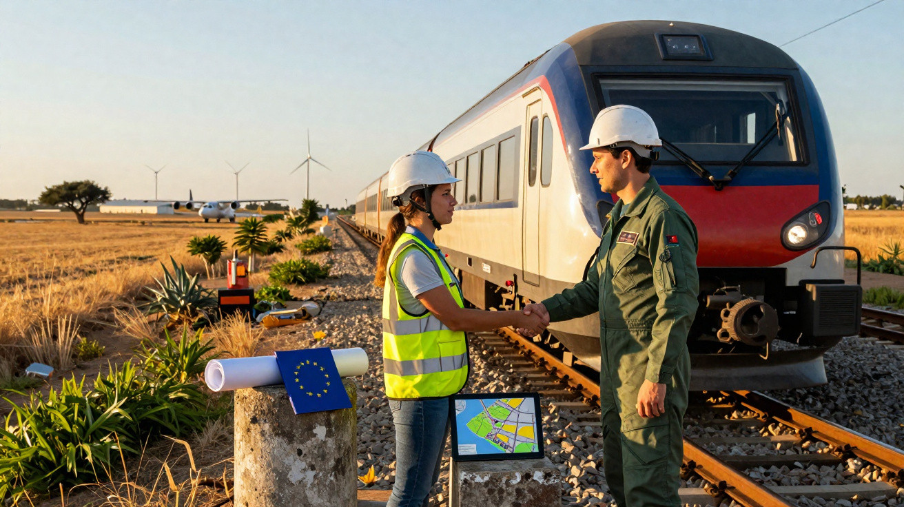 Engenheiros de segurança com capacetes apertando as mãos ao lado de trem em trilhos ao pôr do sol.