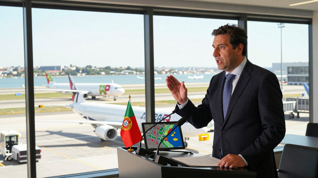 Homem em terno escuro falando em púlpito com bandeira de Portugal, aeroporto e aviões ao fundo.