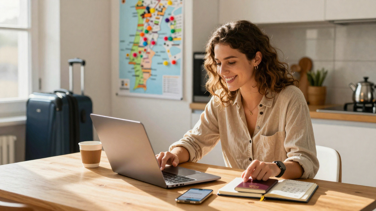 Mulher sorrindo usando laptop em cozinha, com passaporte, celular e mapa de viagem ao fundo.