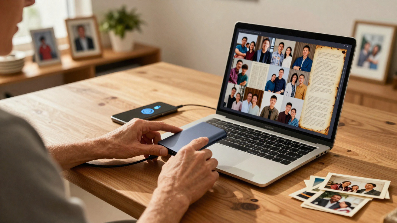 Pessoa conectando HD externo em laptop que exibe colagem de fotos de família em mesa de madeira.