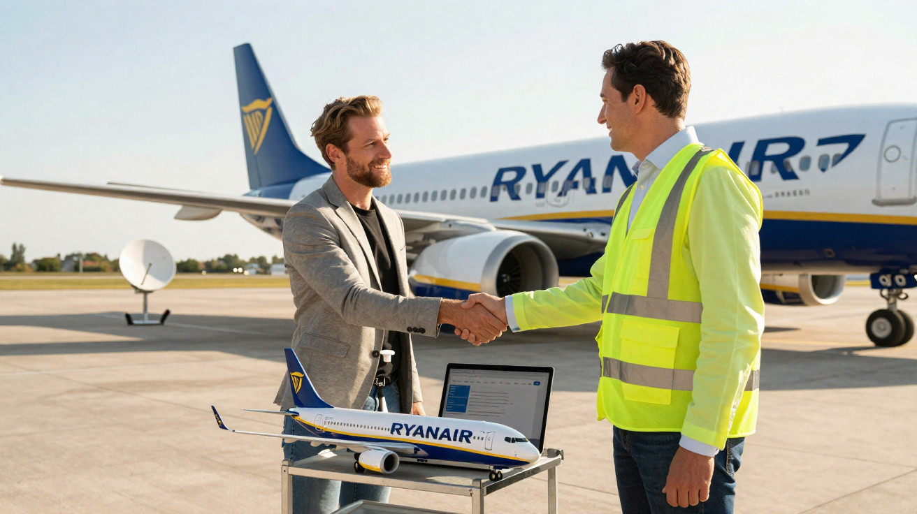 Dois homens apertando as mãos na pista de aeroporto com avião Ryanair ao fundo e maquete do avião.