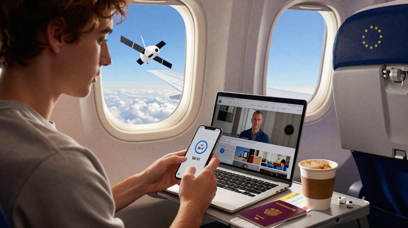 Homem em avião usa smartphone com Wi-Fi, notebook aberto, passaporte e café na bandeja à janela.