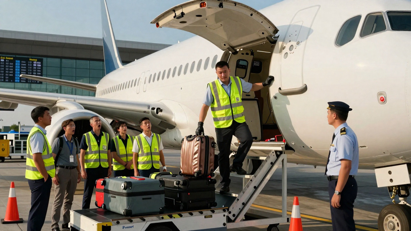 Funcionário carregando mala no avião enquanto equipe observa no aeroporto durante o dia.
