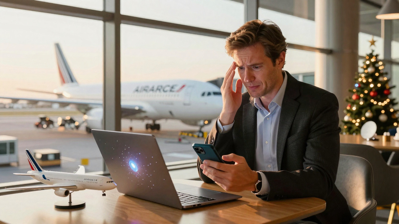Homem preocupado consultando o celular em mesa de aeroporto com notebook e avião ao fundo, decoração natalina.