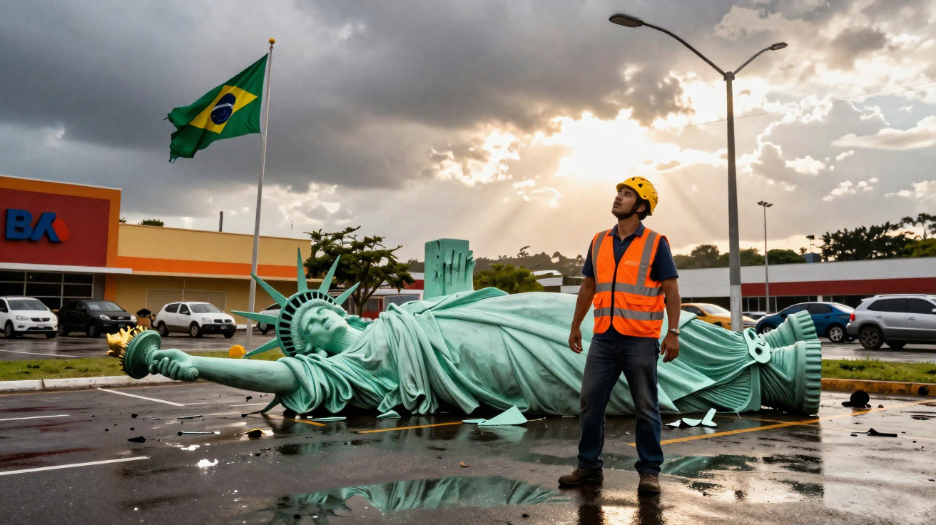 Estátua da Liberdade caída no chão em estacionamento, homem com colete laranja e capacete amarelo observa céu nublado.