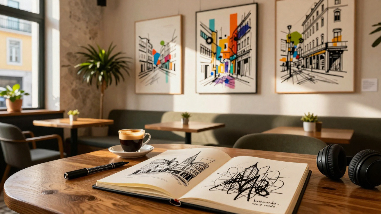 Mesa com caderno de desenhos, caneta, xícara de café e fones em café com quadros urbanos ao fundo.
