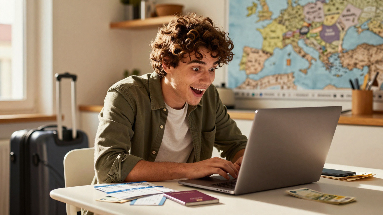 Jovem feliz usando laptop, com passaporte, dinheiro e bilhetes de viagem sobre a mesa, mala ao fundo.