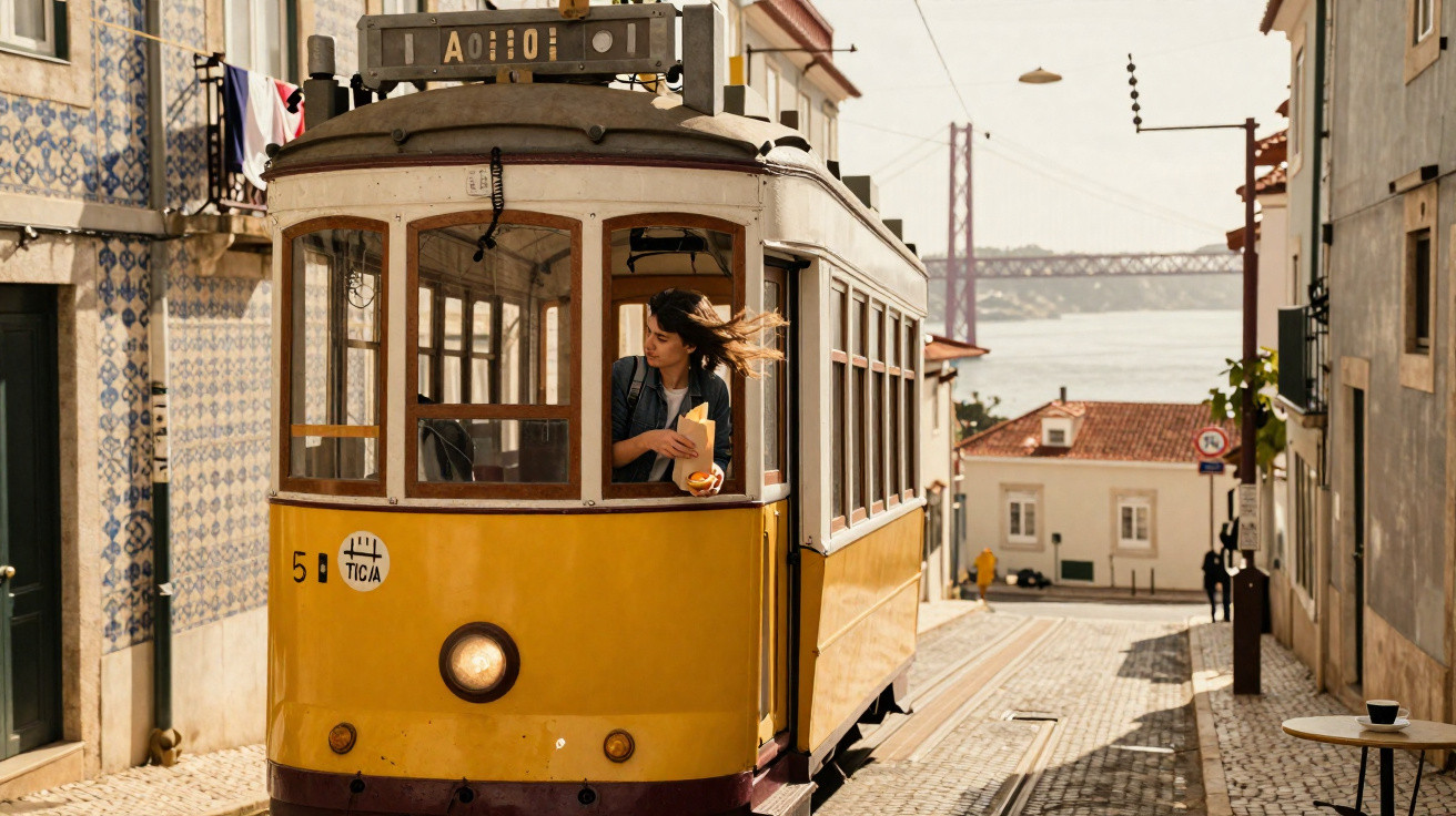 Bonde amarelo antigo descendo rua estreita com mulher olhando pela janela em cidade litorânea.