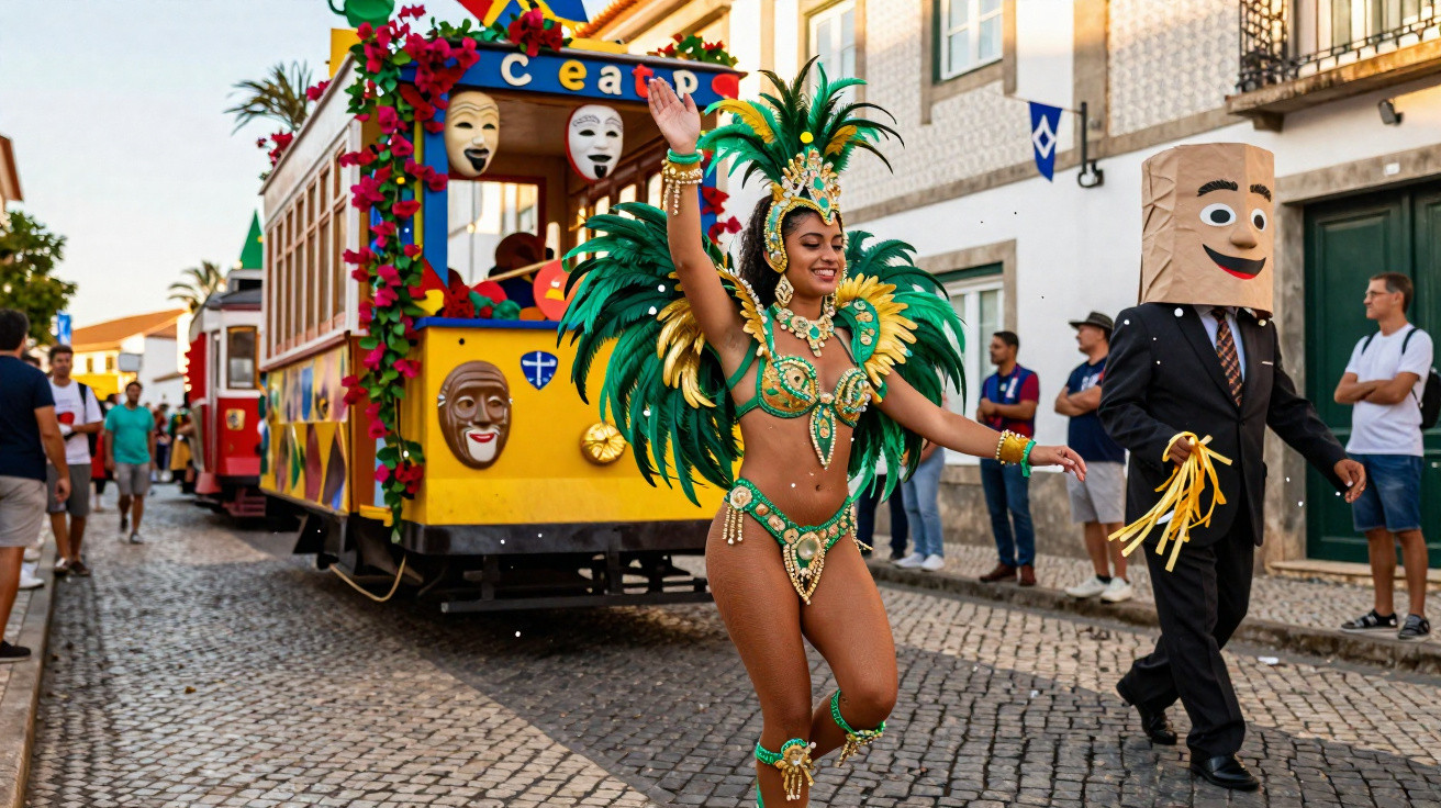 Mulher fantasiada de carnaval verde e dourado dança em rua com desfile e pessoas ao redor.