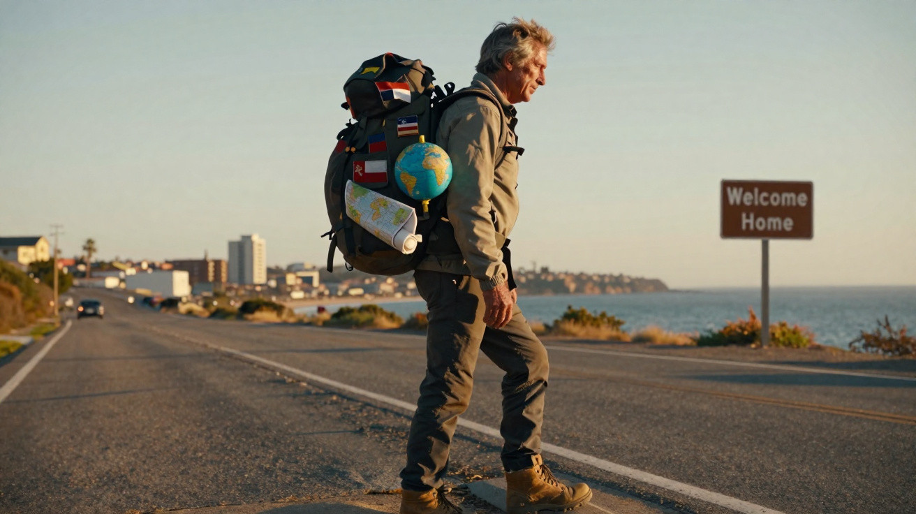 Homem com mochila de viajante na estrada perto do mar, placa ao fundo diz "Welcome Home".