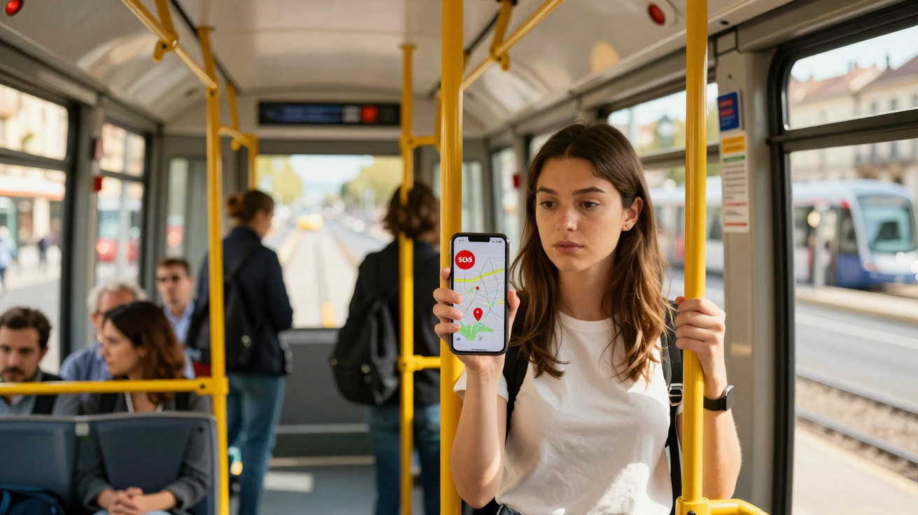 Mulher dentro de ônibus segurando barra e celular com mapa e botão SOS na tela.