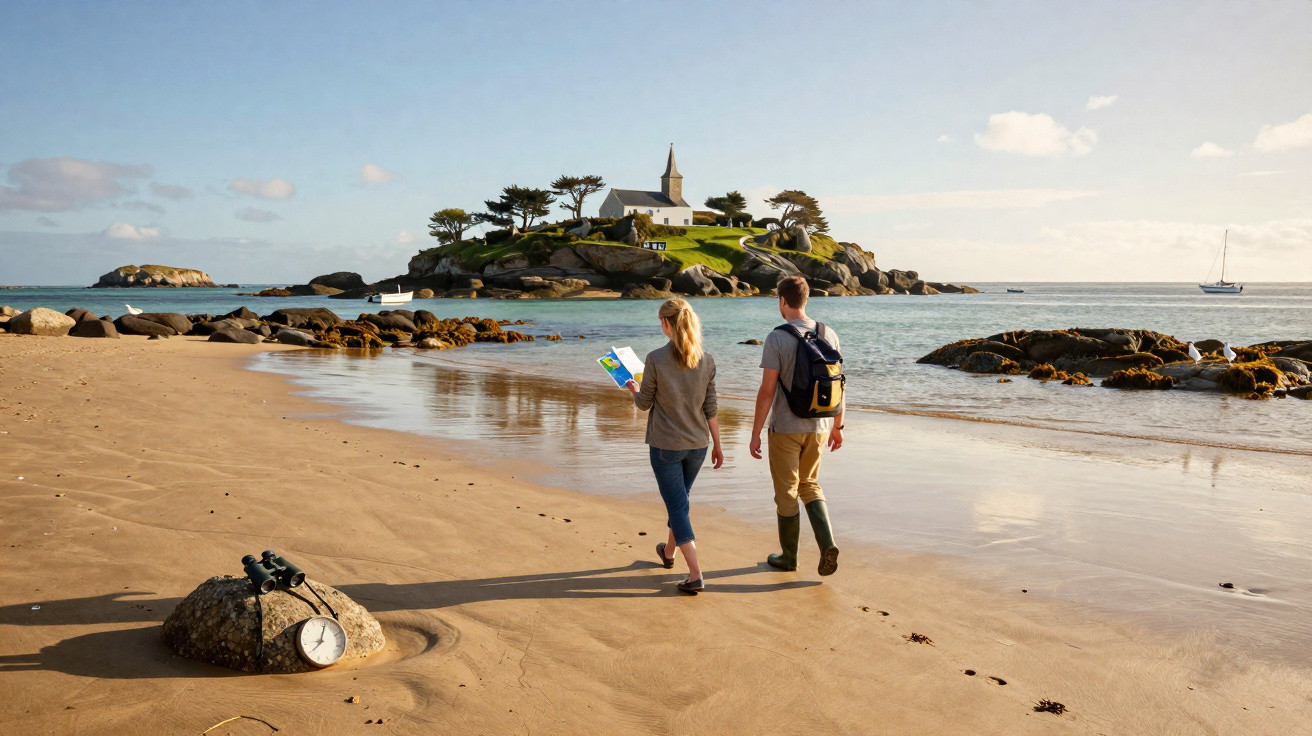 Casal caminhando em praia de areia com relógio e binóculos na frente e ilha com igreja ao fundo.