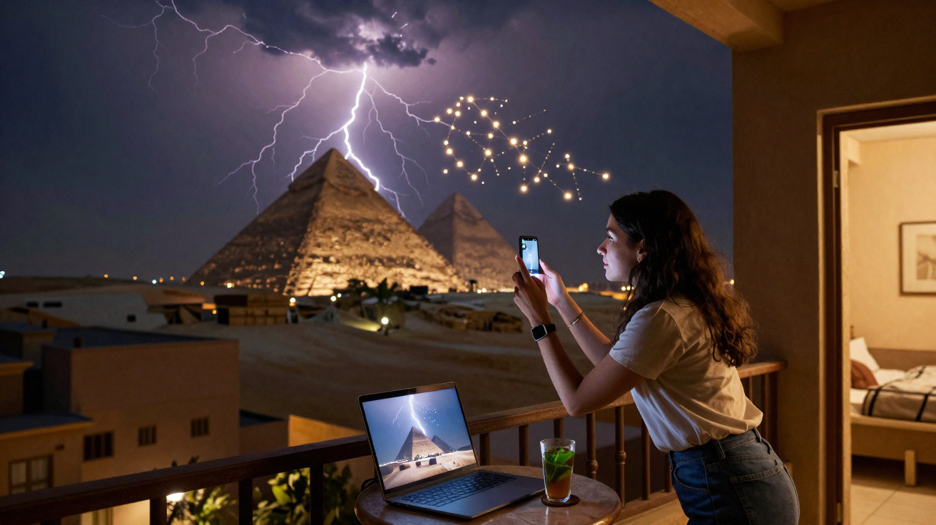 Mulher tira foto de pirâmides no Egito durante tempestade com relâmpago, ao lado de laptop e bebida.