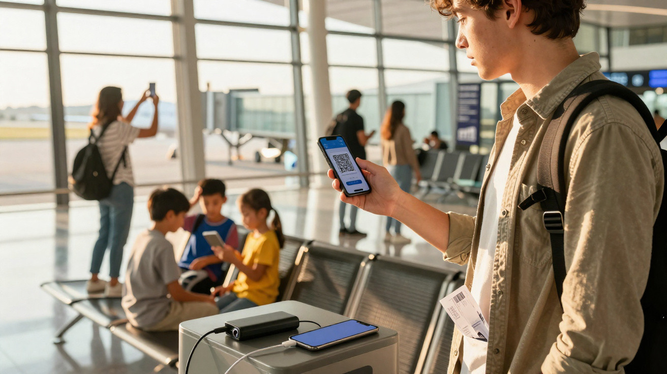 Jovem em aeroporto mostrando código QR no celular enquanto espera com mala e outras pessoas ao fundo.