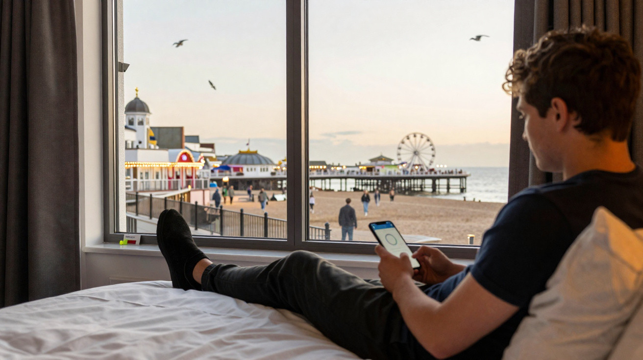 Homem sentado na cama usando celular com vista da praia, píer e roda-gigante ao pôr do sol.