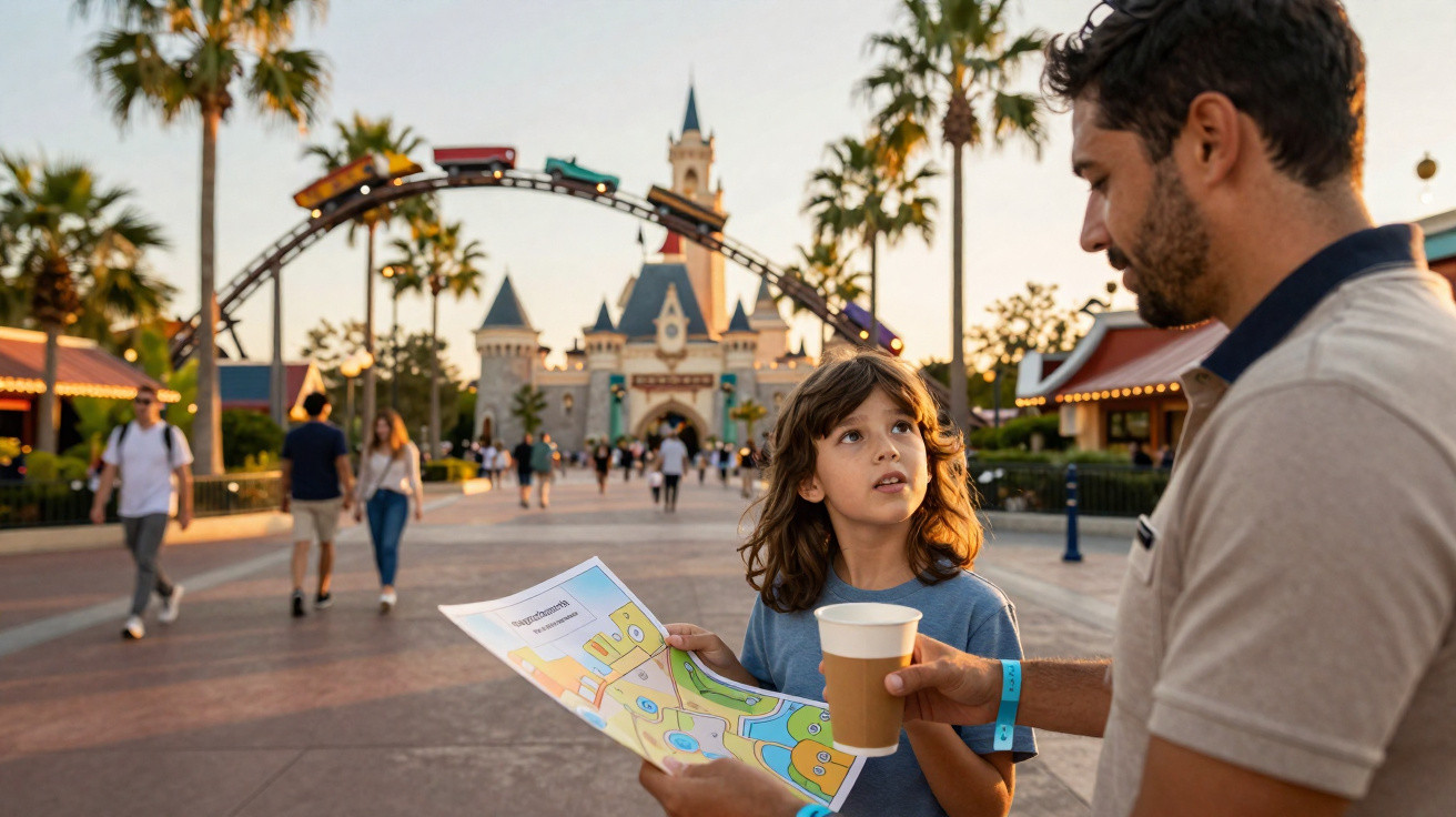 Pai e filha segurando mapa e copo em parque temático, com castelo e pessoas ao fundo ao entardecer.