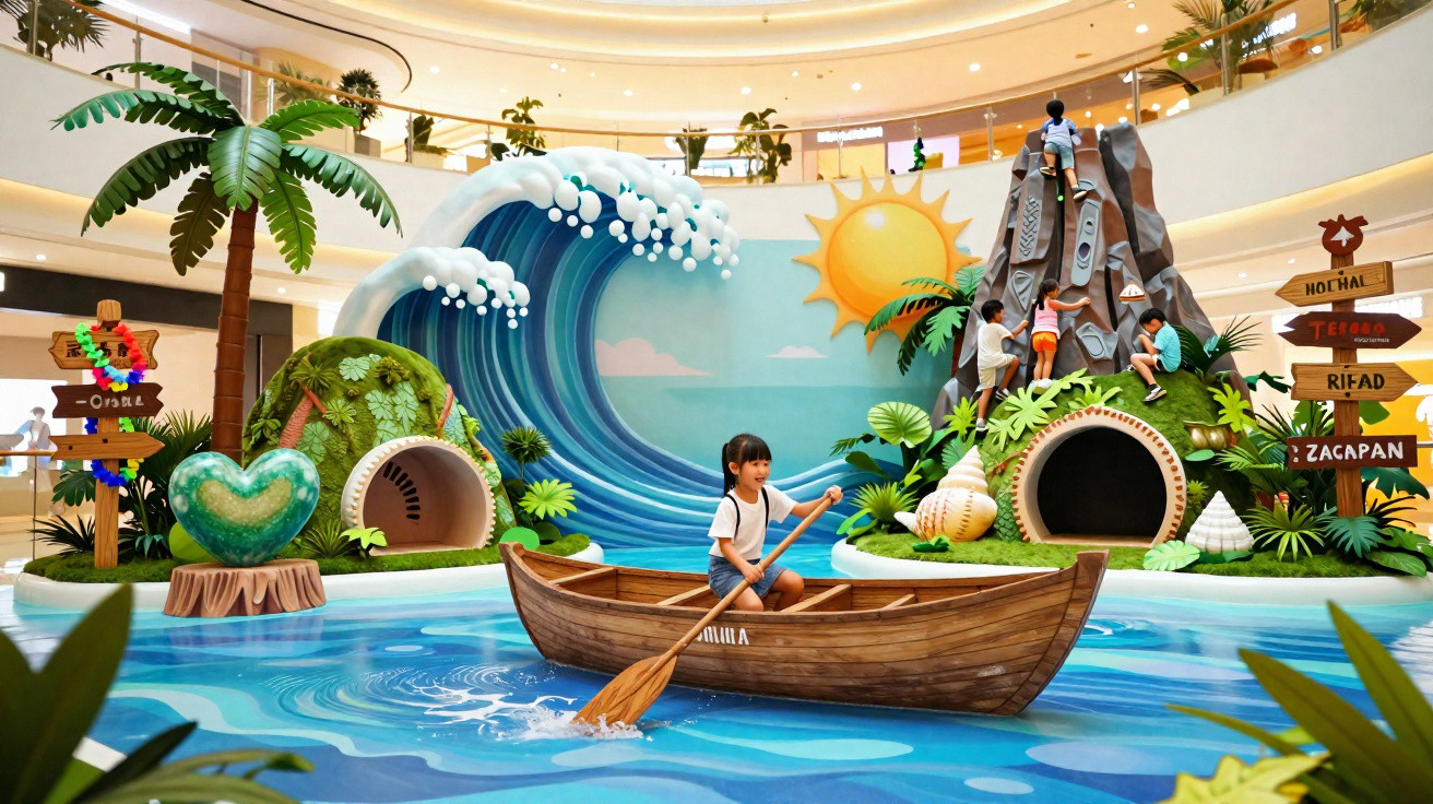 Crianças brincando em cenário colorido com barco, onda gigante, montanha para escalar e decoração tropical em shopping.