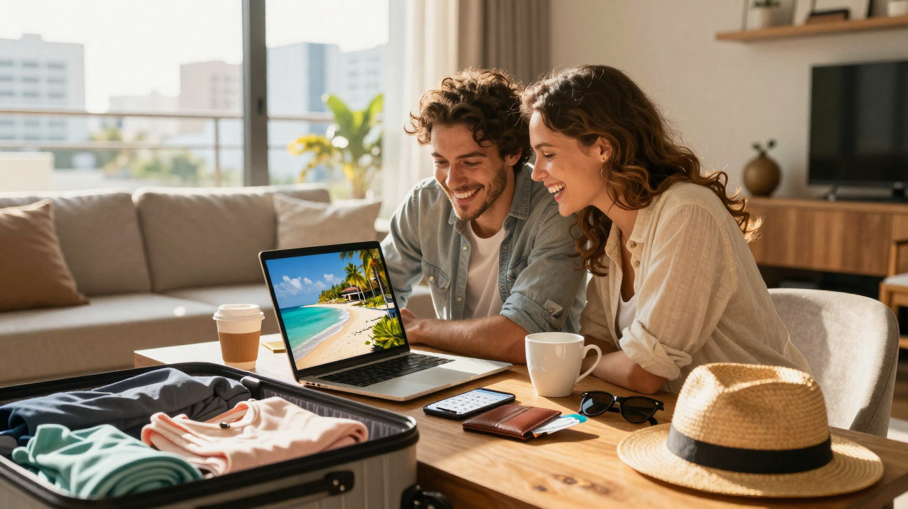 Casal planejando viagem sentado à mesa, olhando foto de praia no laptop, com mala aberta e acessórios de viagem.