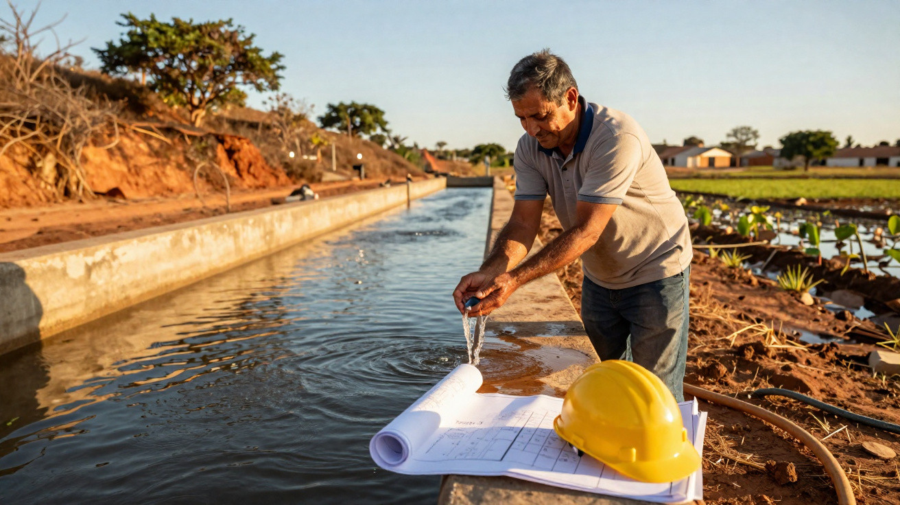 Homem inspecionando água em canal de irrigação com capacete amarelo e plantas ao fundo.