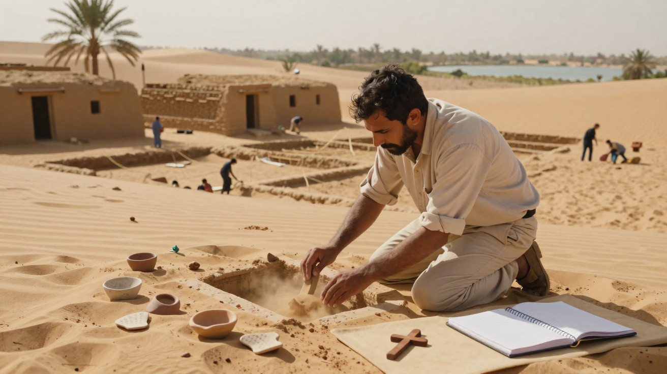 Homem escavando artefato em sítio arqueológico no deserto com utensílios e caderno ao lado.