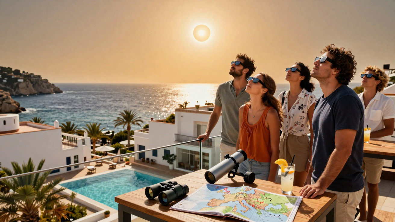 Grupo de pessoas em varanda observando eclipse solar com óculos especiais, perto de piscina e mar ao pôr do sol.