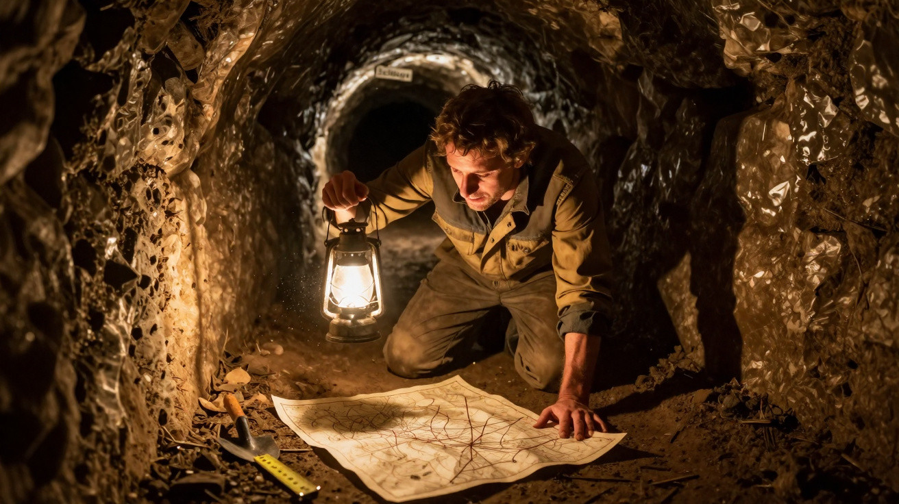Homem agachado em túnel iluminado por lampião, analisando mapa no chão cercado por ferramentas.