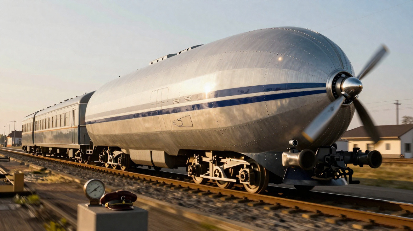 Trem com carroceria aerodinâmica e hélice na frente, viajando por trilhos sob luz do entardecer.