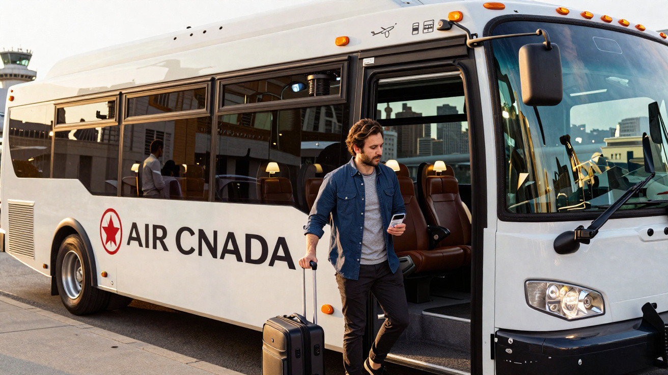 Homem com mala sorridente caminhando para fora de ônibus da Air Canada em local urbano com edifícios ao fundo.