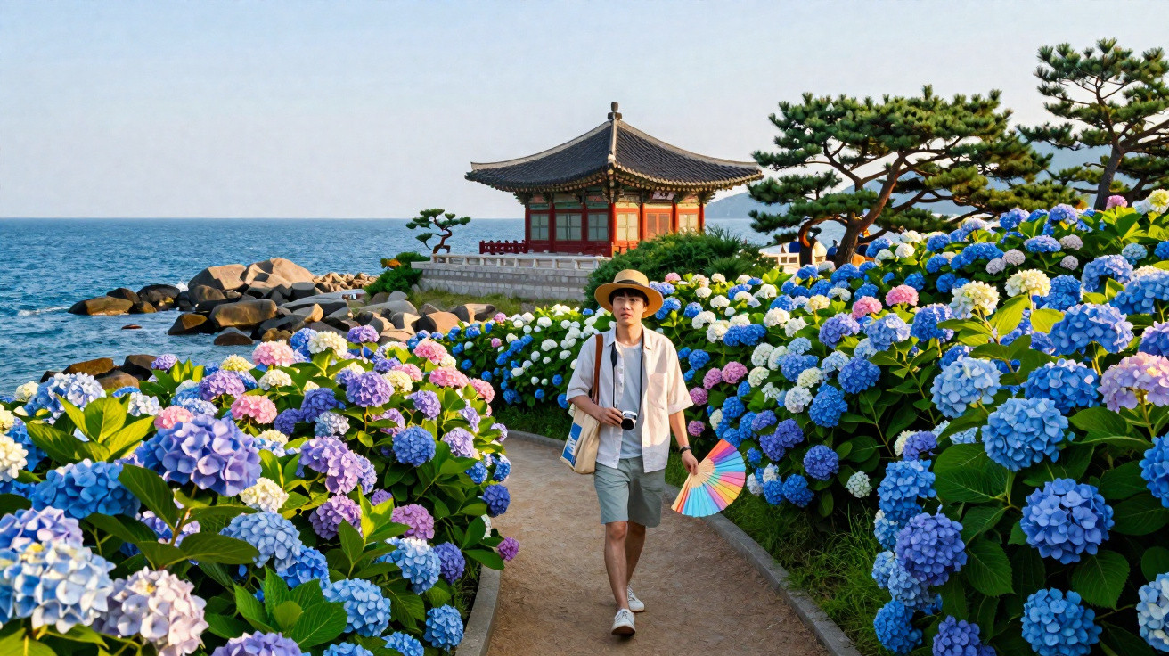 Homem caminhando entre flores coloridas perto do mar com pagode tradicional ao fundo em dia ensolarado.