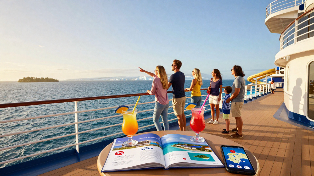 Família observando a paisagem do mar em navio de cruzeiro com bebidas, livro e celular na mesa.