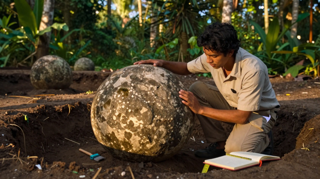 Homem examinando esfera de pedra antiga em sítio arqueológico ao ar livre, com caderno aberto ao lado.