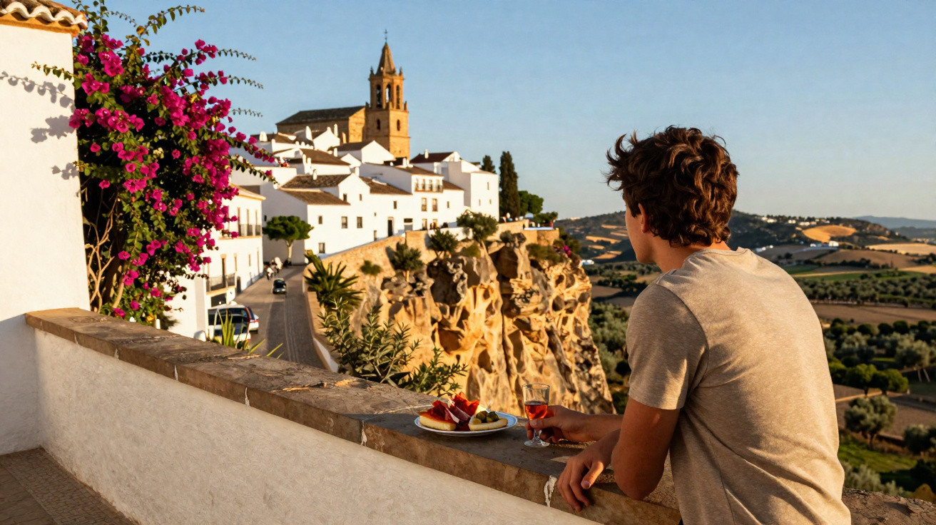 Jovem observando cidade branca e igreja no topo de penhasco durante pôr do sol com petiscos e bebida na parede.