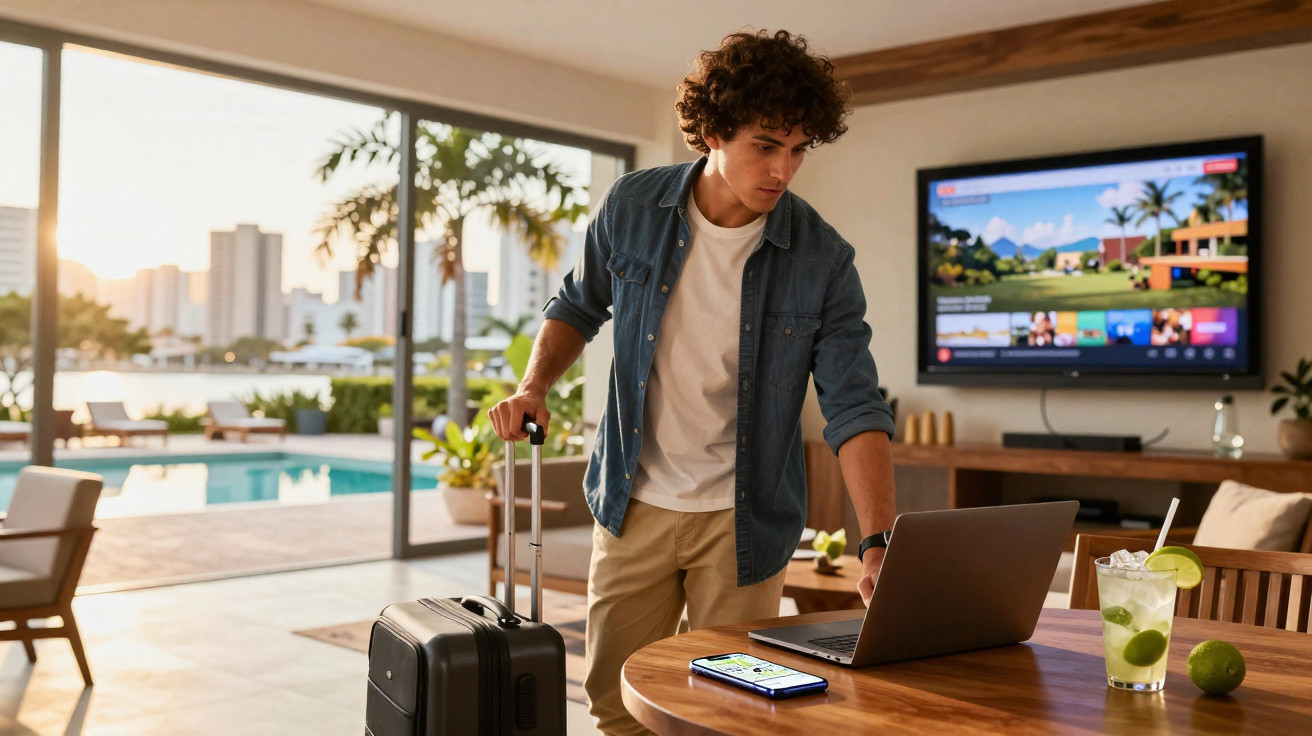 Jovem com mala preta usa laptop em casa com piscina e TV ao fundo, ambiente iluminado pela luz do dia.