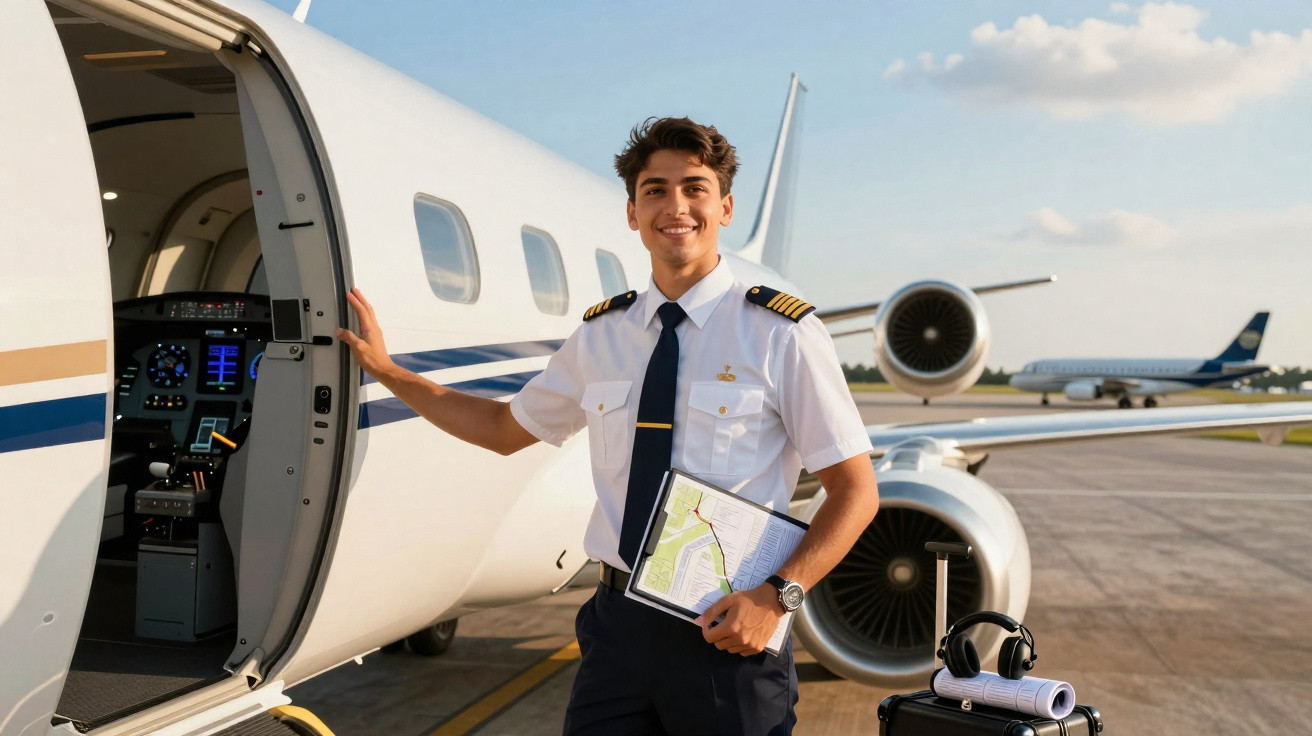 Piloto sorridente em uniforme branco segurando um tablet ao lado da porta aberta de um jato no aeroporto.
