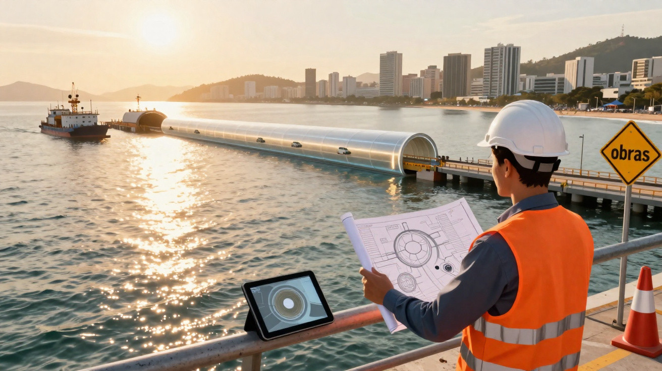 Engenheiro com capacete e colete analisa projeto em canteiro de obras à beira-mar ao pôr do sol.