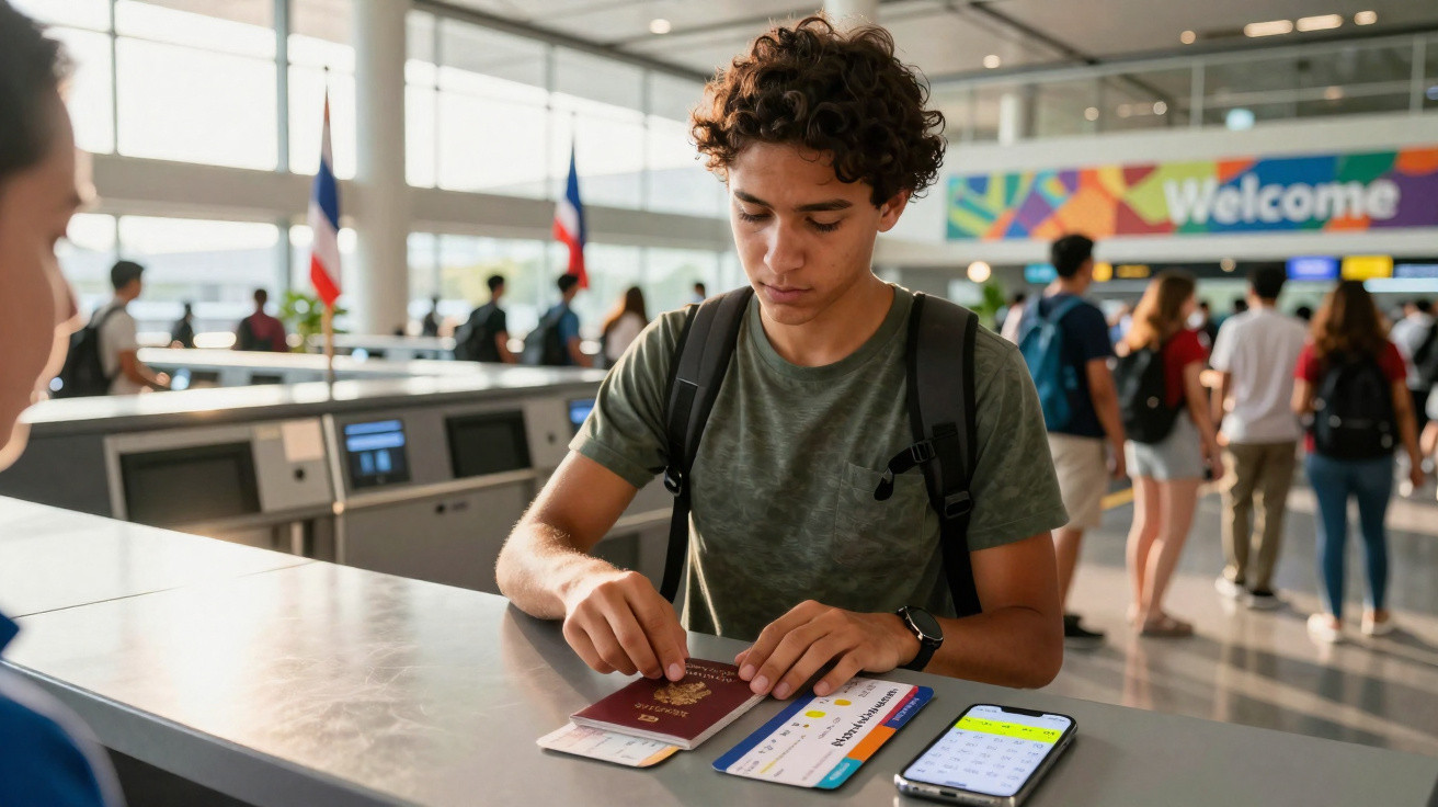 Jovem apresentando passaporte e documento em balcão de check-in em aeroporto movimentado.