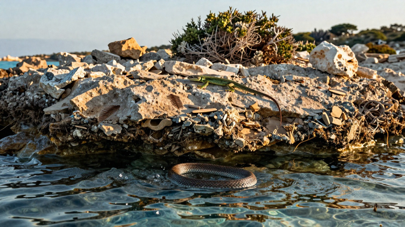 Lagarto sobre rocha perto de cobra nadando em água cristalina sob luz do sol.