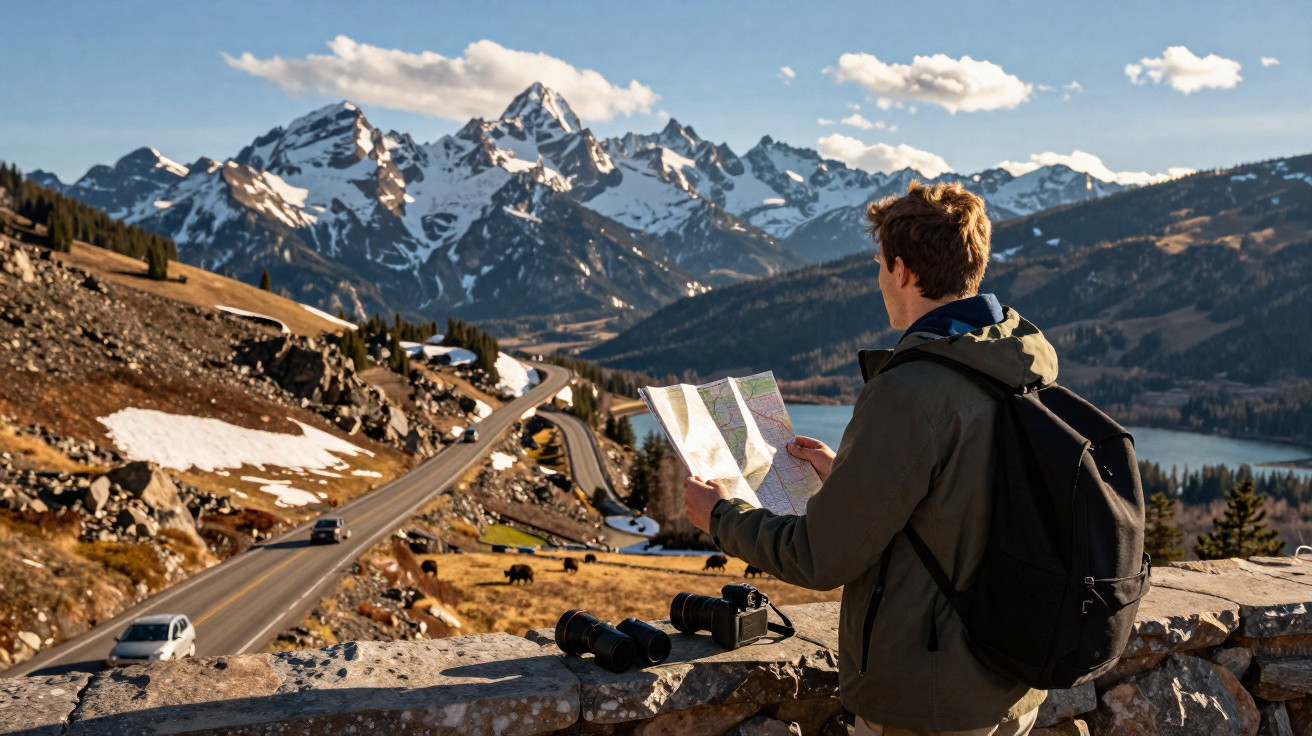 Homem com mochila consulta mapa em mirante com vista para montanhas nevadas e estrada sinuosa.