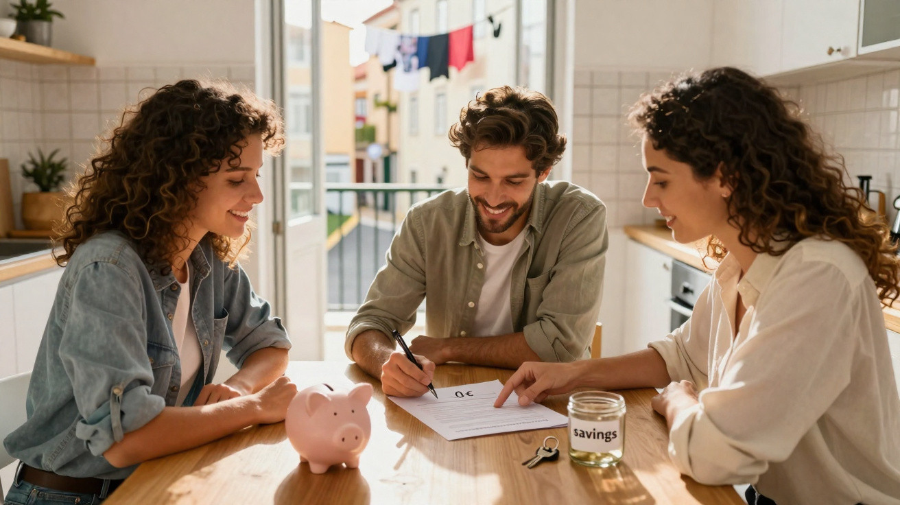Três jovens sentados à mesa discutindo documentos com cofrinho e pote de vidro escrito "savings".