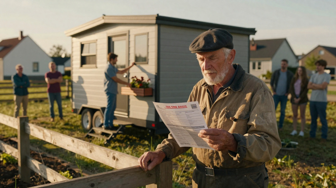 Idoso lendo jornal fora de casa, com pessoas e trailer ao fundo em área rural ao entardecer.