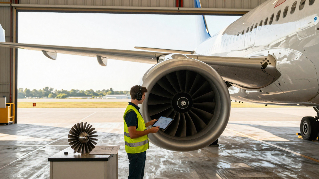Técnico inspecionando motor de avião em hangar com peça de motor sobre bancada ao lado.